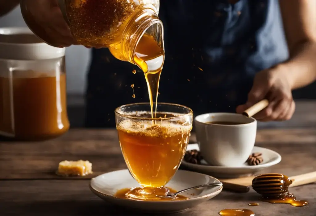 a person pouring honey into coffee to sweeten it