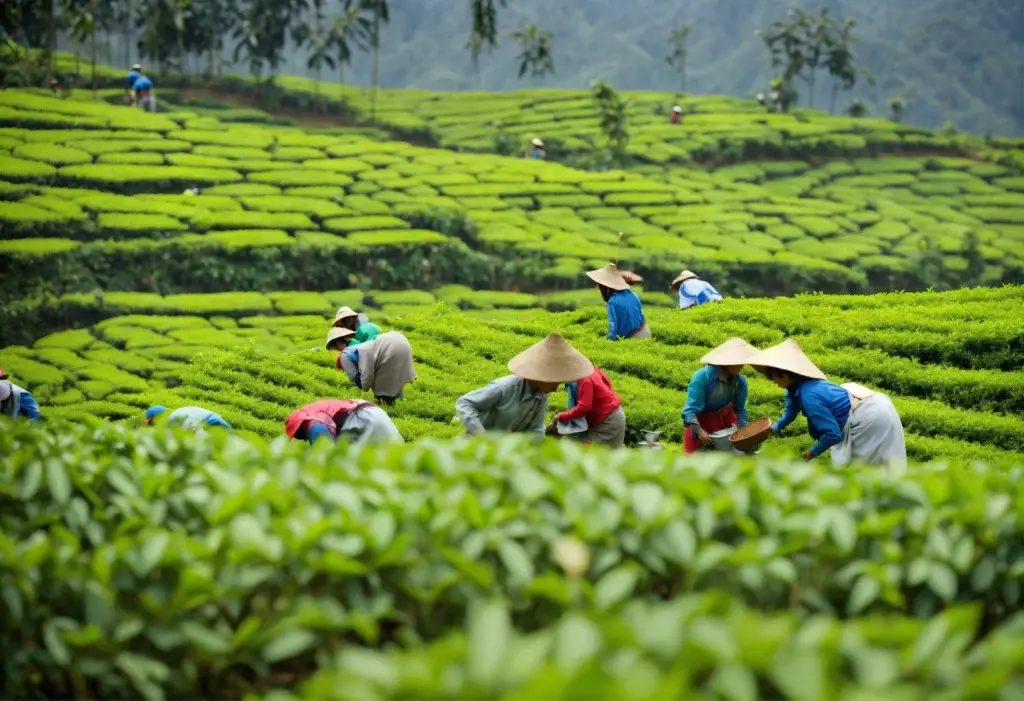 workers picking tea at tea plantations